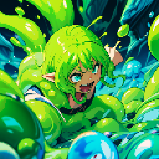 slime surging up around someone, slime engulfing a hero, slime consuming a hero, hero getting engulfed by slime, slime attack, dynamic, slime slamming into someone, impact, splashing slime