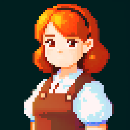 young girl portrait, determined, tavern keeper, resilient, experienced, strong-willed, pixelated, non-vibrant color palette