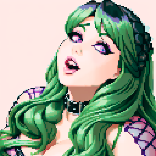 thicc, curvy, seductive busty goth babe with studded collar, long purple hair in buns, fishnet stockings, orgasmic aroused nude big titty goth in a nude sexy pose, pixel art, sRGB