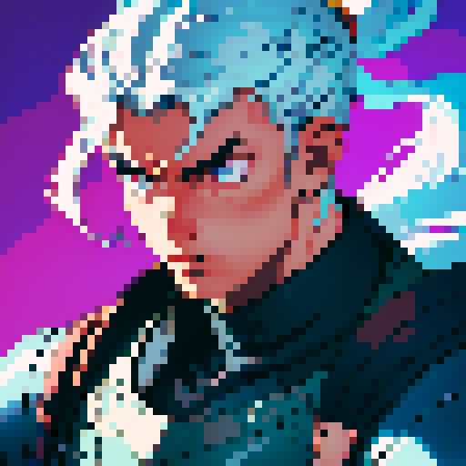 male warrior with a sleek, silver helmet, fierce eyes, broad shoulders, muscular arms, and a determined expression, rendered in vibrant, retro pixel art, portrait