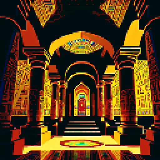 interior, top down, Egyptian tomb, hieroglyphics, torchlit, flickering flames, golden sarcophagus, bejeweled, intricate carvings, vibrant colors, ancient artifacts, mysterious shadows, ornate pillars, mosaic floor, elaborate wall paintings, ethereal atmosphere