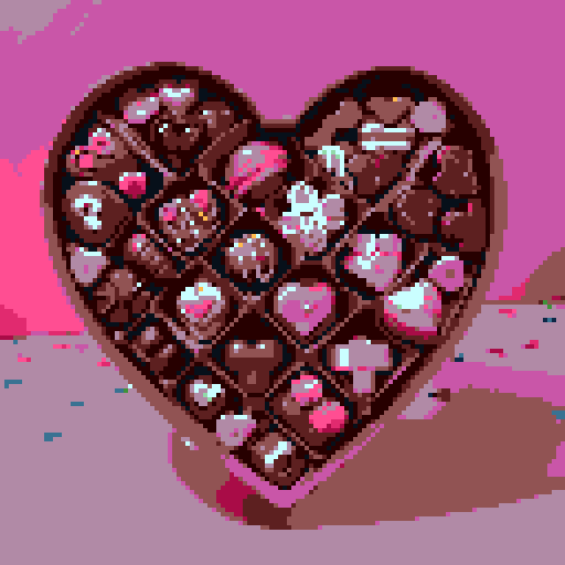 Box of Valentine's Day chocolates, shaped like cupcakes and hearts with intricate details such as pink frosting and decorative toppings. Charming and romantic theme