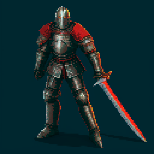pixel art picture of a human male knight with a two-handed great sword, detailed shading, and smooth lines, heavy armor, confident stance, muscular build, armored helmet, deep red and gold armor, detailed sword, detailed shading, smooth lines, running, swinging sword