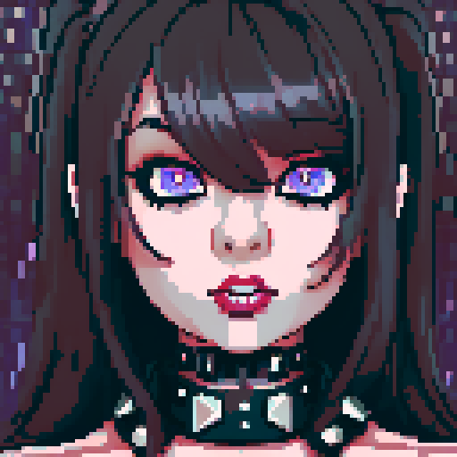 curvy, busty goth babe with studded collar. Nude big titty goth, in a close up nude glamour shot. Neon lighting, modern tile backsplash.