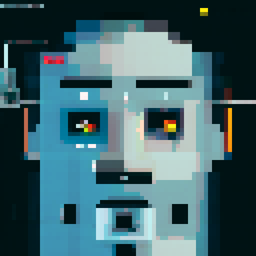 A glitchy, retro pixel art CCTV camera captures a suspicious figure's face as it's scanned by a malfunctioning facial recognition system