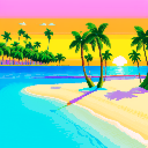 vibrant, 16-bit, Sega Genesis style palm trees swaying on a vaporwave beach with a golden sunset casting sRGB colors over the water
