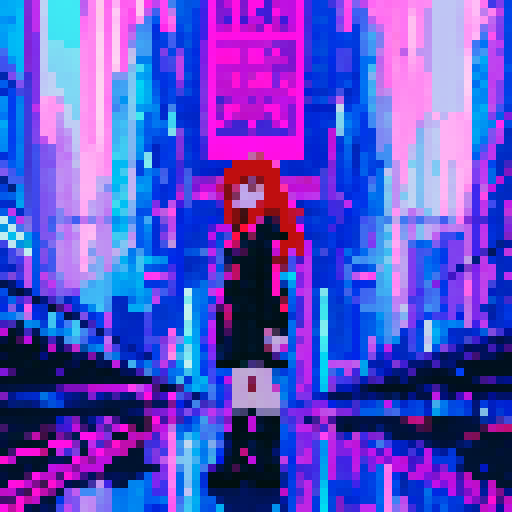 cute character with big, expressive eyes, long red hair, vibrant neon colors, futuristic cityscape filled with towering skyscrapers and holographic billboards, pixel art aesthetic, glowing neon signs reflecting off rain-soaked streets, characters wearing edgy, futuristic fashion, dramatic lighting casting long shadows, intricate circuitry and glowing cybernetic