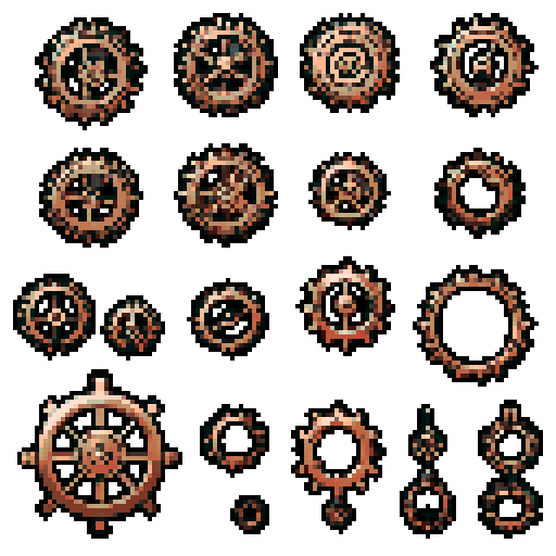 I want a copper gear that looks like it was made by a master clockmaker. It should have strange mechanical details that could interlock with each other. I also want this object usable an asset in a videogame, meaning only one object per image, outlined with a strong black stroke, on a solid-color background.