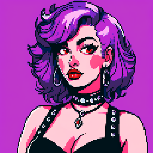curvy, cute, busty greaser goth girl, with purple hair, black eyeshadow, red lipstick. Large breasts,  wearing bikini and studded collar. Posing in a sexy seductive glamour shot, whole head portrait, avatar photo. vibrant sRGB colors, pixel art, edgy aesthetic