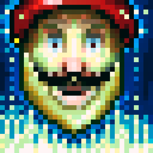 player character, Mario, with bold colors, pixelated details, iconic red hat, blue overalls, white gloves, bushy mustache, wide eyes, determined expression, 32x32 pixel art, sRGB, skillful shading, close-up portrait