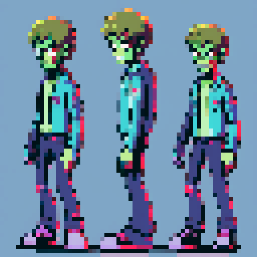 zombie, spread limbs, direct gaze, tilted table, sci-fi lightning conductors, pixel art, sRGB