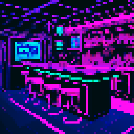 Create a pixel art illustration of a cyberpunk bar with a detailed bar counter. The scene should have a side-scroll perspective, capturing the bustling atmosphere typical of 2D games. Make sure to include neon lights, futuristic decor, and characters interacting within the bar. The image should have a trendy and stylish aesthetic, reflecting the vibrant and edgy nature of the cyberpunk genre.