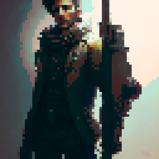 Steampunk hunter dressed with long coat with rifle on back and pistol on hand viewed from top down perspective