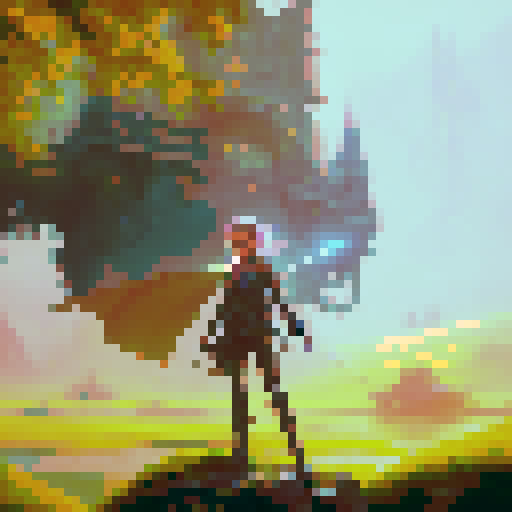 1 girl, wielding a glowing sword, surrounded by lush greenery, standing on a moss-covered stone bridge, with a majestic castle looming in the distance, all in a vibrant and ethereal fantasy RPG style