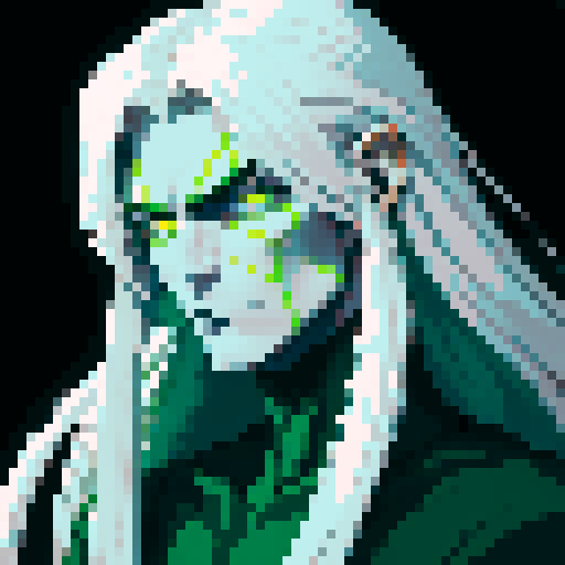 haldirian, tall and lithe, with flowing silver hair like liquid moonlight, framed by a battle-worn face, his piercing emerald eyes reflecting fierce determination, showcasing his magical prowess, in pixel art style with sRGB colors