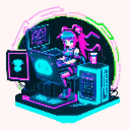 cute girl with a large cyberpunk scorpion tail, the girl is an anime inspired character with vibrant hair, expressive eyes, and a playful smile, the girl is playing computer games, tables with coca cola, bright yellow and cyan and pink lights