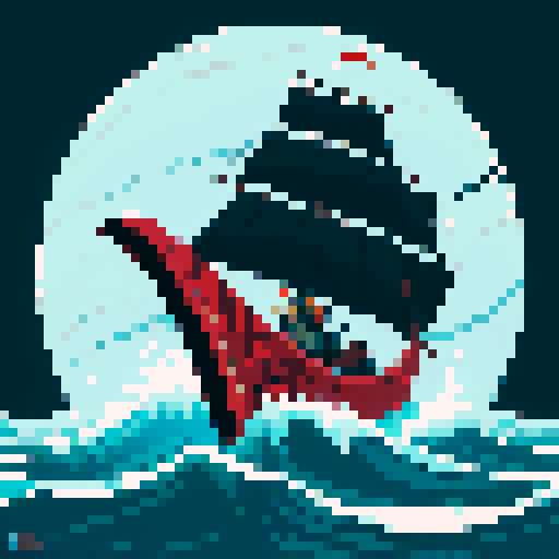wiking warrior sailing on a longship, fierce and bearded, with a horned helmet, holding a battle axe, amidst stormy waves, in vibrant pixel art with sRGB colors