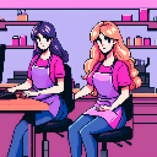 A nail tech with long blonde wavy hair, wearing a pink apron, sitting at a desk. Another girl is sitting on the other side of the desk, wearing jeans and a purple top and has long brown hair. In a nail salon. There are no computers. 