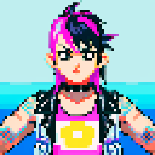 80s girl with mullet, punk rock aesthetic, cutoff tshirt, pixel art, sRGB, vibrant colors, rebellious attitude