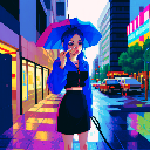 Blue haired 90s pop girl, smoking a cigarette, downtown, in the rain, gritty, nighttime