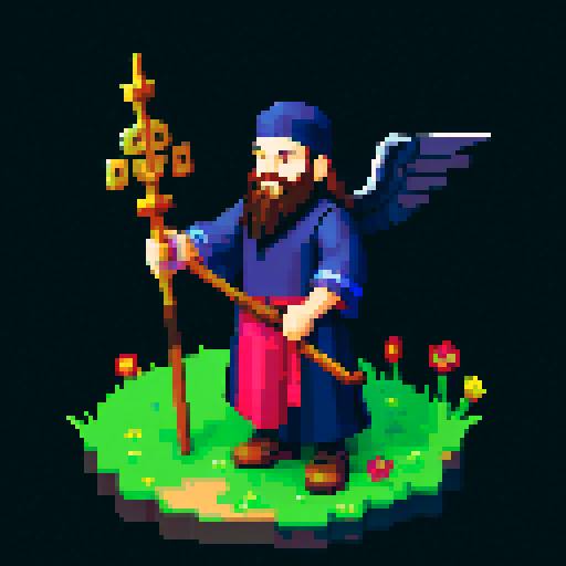 raven-like druid with beard, staff in hand