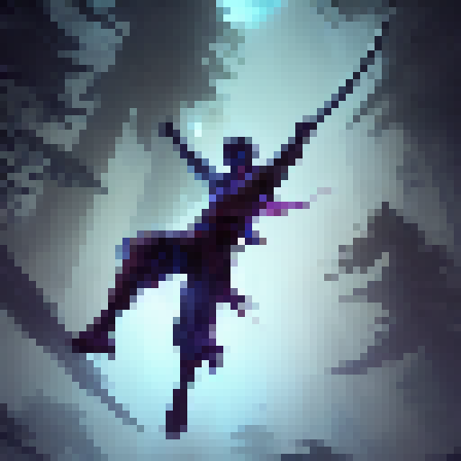 Ninja warrior, leaping through a mystical forest, wields a glowing katana against shadowy demon enemies in a dynamic fantasy RPG style concept art.
