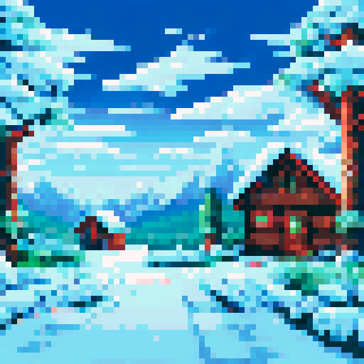 Cozy cabin nestled in a snowy, pixel art mountain landscape, with a background of sRGB colors creating a serene and immersive winter wonderland