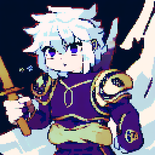 Angel warrior, with flowing golden hair, intense blue eyes, delicate wings, fierce expression, ornate armor, holding a glowing sword, surrounded by ethereal light, in a character portrait, close up, anime style, pixel art