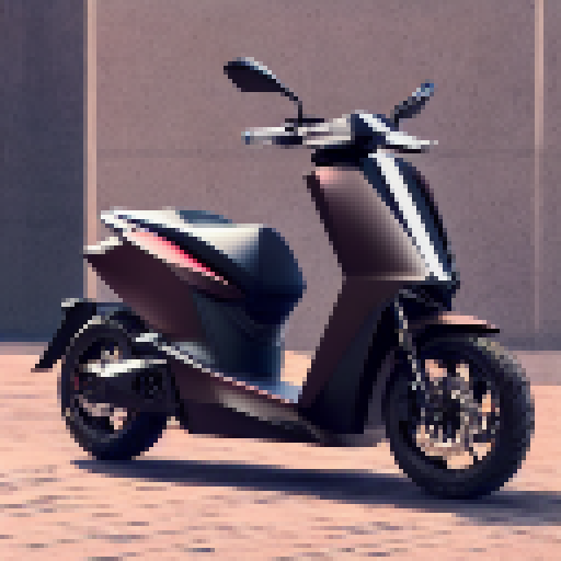 Peugeot's e-ludix prototype, a sleek and futuristic electric scooter, glides through a vibrant cityscape, its angular frame and bold lines perfectly captured in a striking landscape portrait.