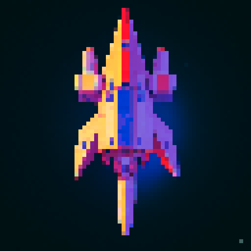 a pure 2d sprite for a space game. a top down view of a triangular spaceship all by itself ,style of the 80s. The spaceship should not have any shadows.