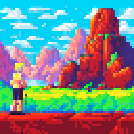 "Fit old woman and man adventurers in sRGB pixel art style, separated on opposite sides of the landscape background, with space in the middle for game links"
