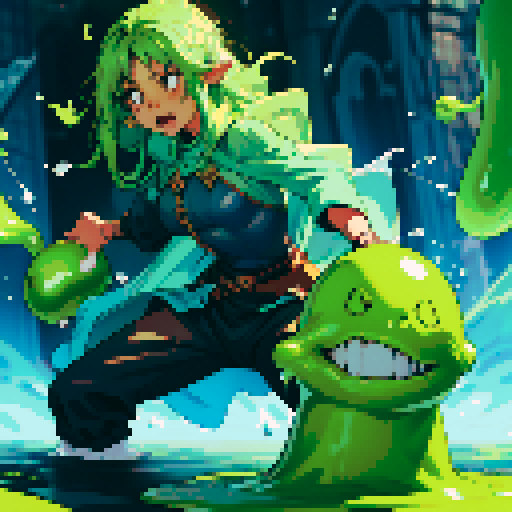 slime surging up around someone, slime engulfing a hero, slime consuming a hero, hero getting engulfed by slime, slime attack, dynamic, slime slamming into someone, impact, splashing slime, full-body image, full-body art, black hair, brown outfit