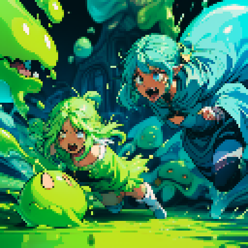 slime surging up around someone, slime engulfing a hero, slime consuming a hero, hero getting engulfed by slime, slime attack, dynamic, slime slamming into someone, impact, splashing slime, full-body image, full-body art