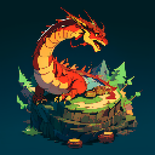 fire dragon with shimmering red scales, hoard of gold coins glimmering in the background, dragon leisurely lounging on top of a massive pile of gold coins, dragon's majestic form taking up the full canvas with intricate pixel art details in a vibrant sRGB color palette, cavern backdrop, cavern background