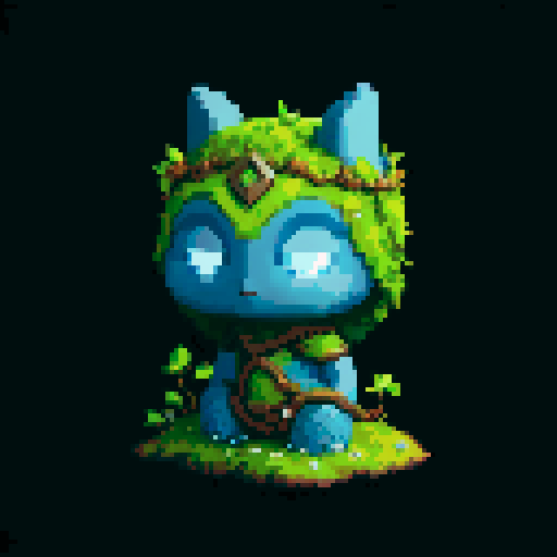 A wise, ancient guardian with a body covered in moss and vines, and deep, glowing blue eyes. It has a calm, serene expression and exudes an aura of ancient wisdom and tranquility. No background.
