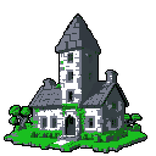 2d grey stone house in an ancient english style. Old and crumbling but still upright. Green vines crisscross it. Usable as an asset (clear, thick lines and a white background). Put a black stroke around the composition