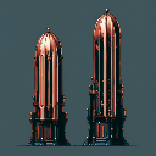 I want a tall vertical copper structure reminiscent of a organ pipe. It should have strange mechanical details that could interlock with each other. I also want this object usable an asset in a videogame, meaning only one object per image, outlined with a strong black stroke, on a solid-color background.