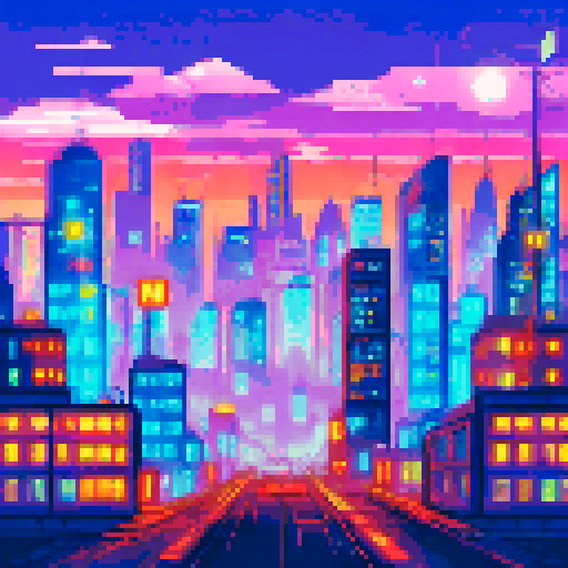 Abandoned skyscrapers looming over cracked concrete streets, rusted metal vines, and gritty neon signs, with towering vinyl platforms for survivors to navigate the desolate cityscape in vibrant pixel art