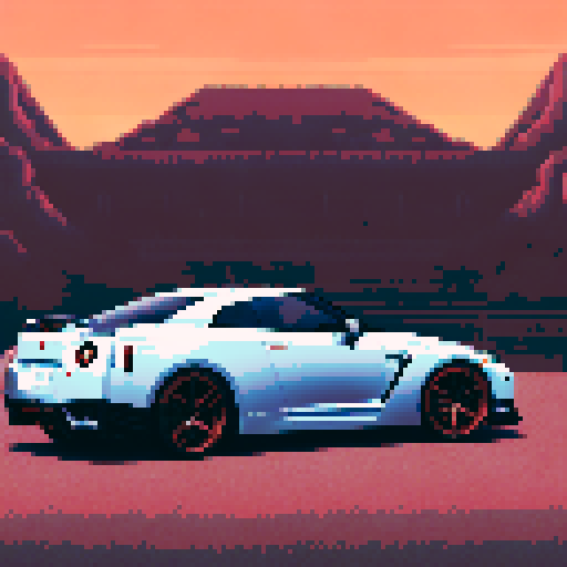Photorealistic whole Nissan GT-R, three-quarter view, right front wheel, clean background, sRGB colors, pixel art style
