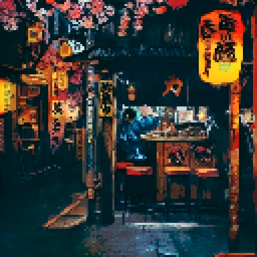 japanese alleyway, warm colors, extremely detailed, complicated and intricate kanjis, detailed writing, moonlight, warm lights, soft shading, landscape portrait