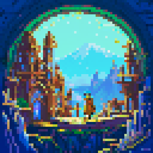 A young blue-haired inventor with green eyes, wearing a beige hooded tunic, stands in a dimly lit stone workshop filled with intricate brass gears, glowing cyan crystals, and tangled copper wires. He confidently holds a large, ornate mechanical key emitting soft magical sparks. Through an arched window behind him, a vibrant landscape of rolling green hills and distant snow-capped mountains is visible under a bright sky. Pixel art, 16-bit style, warm ambient lighting, detailed machinery, serene a