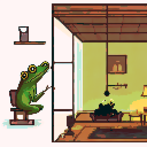 In the cozy ambiance of a dimly lit room, a small, jovial frog perches comfortably upon a plush couch chair, its diminutive size emphasized by the vastness of the furniture. The flickering flames of a nearby fireplace cast a warm glow, enveloping the space in a soft, golden light, creating an atmosphere of comfort and relaxation. With a mug clasped delicately between its tiny webbed fingers, the contented frog takes a sip of steaming coffee, its expression reflecting pure bliss.