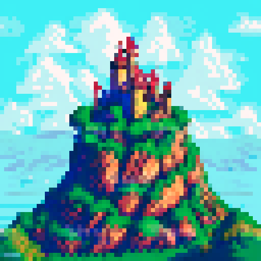 medieval castle, hilltop, small village, palisades, sRGB, pixel art, background, landscape