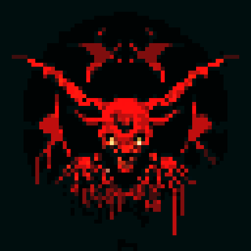 baphomet blood splatters, dark shadows, gruesome violence, pixelated gore, vibrant red hues, intense contrast, jagged edges, macabre artistry, detailed dismemberment, visceral horror, pixelated blood, chilling brutality, sRGB color palette, hauntingly beautiful, gruesome pixel art
