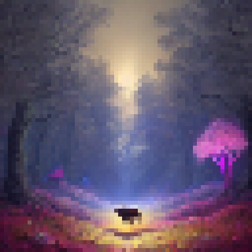 Horned cow with shimmering fur and golden hooves charging through a mystical forest filled with glowing mushrooms and swirling magic.