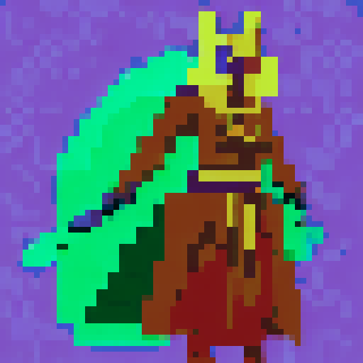Hooded, mysterious, ancient, powerful, potion-brewing, staff-wielding, spell-casting, dark magic-warlock, wearing flowing robes and a pointed hat, standing full-body in front of a pixelated, mystical, sRGB-colored landscape.