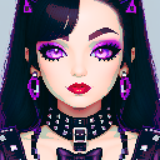 curvy, cute goth cat girl face, black hair, purple eyeshadow, red lipstick, studded leather, face portrait, glamour shot, vibrant sRGB colors, pixel art