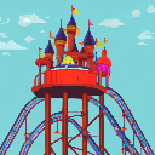 Amusement park, vibrant roller coasters, whimsical carousels, towering ferris wheels, sRGB colors, pixel art