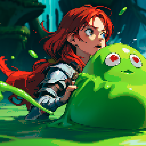 hero sinking into slime, hero drowning in slime, hero has red hair, hero has silver armor, reaching up, panic, sinking deep into slime