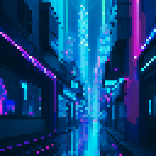 deep blue, neon-lit, towering skyscrapers, metallic sharks, glowing circuitry, flickering holograms, glitched-out billboards, rain-soaked streets, robotic falcons, steam rising, futuristic graffiti, vibrant neon signs, bustling androids, illuminated alleyways, cybernetic felines, pulsating energy, glitchy glitchpunk, digital rainbows, pixelated perfection, electrified atmosphere